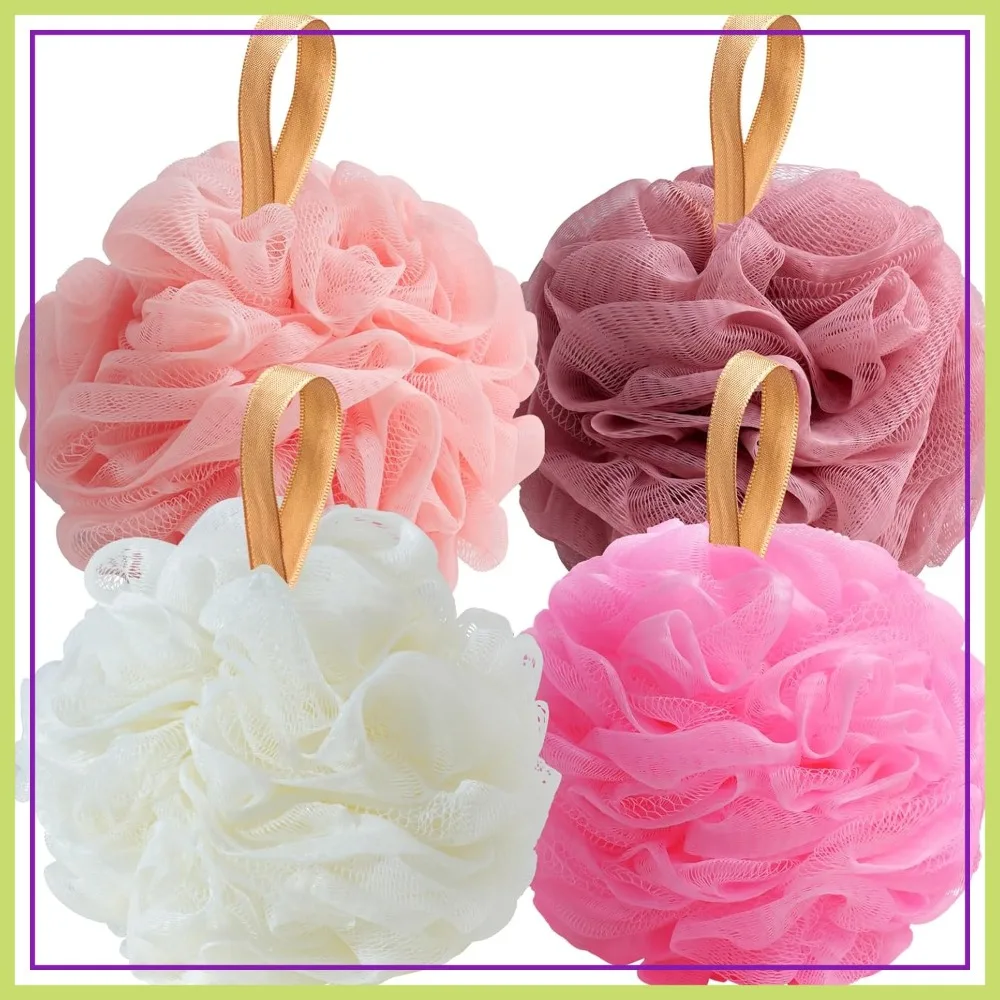 Loofah Bath Sponge Shower Loofahs, Pack of 4 Soft Exfoliating Body Scrubber Mesh Shower Puff Pouf Ball for Women (50g/pcs)