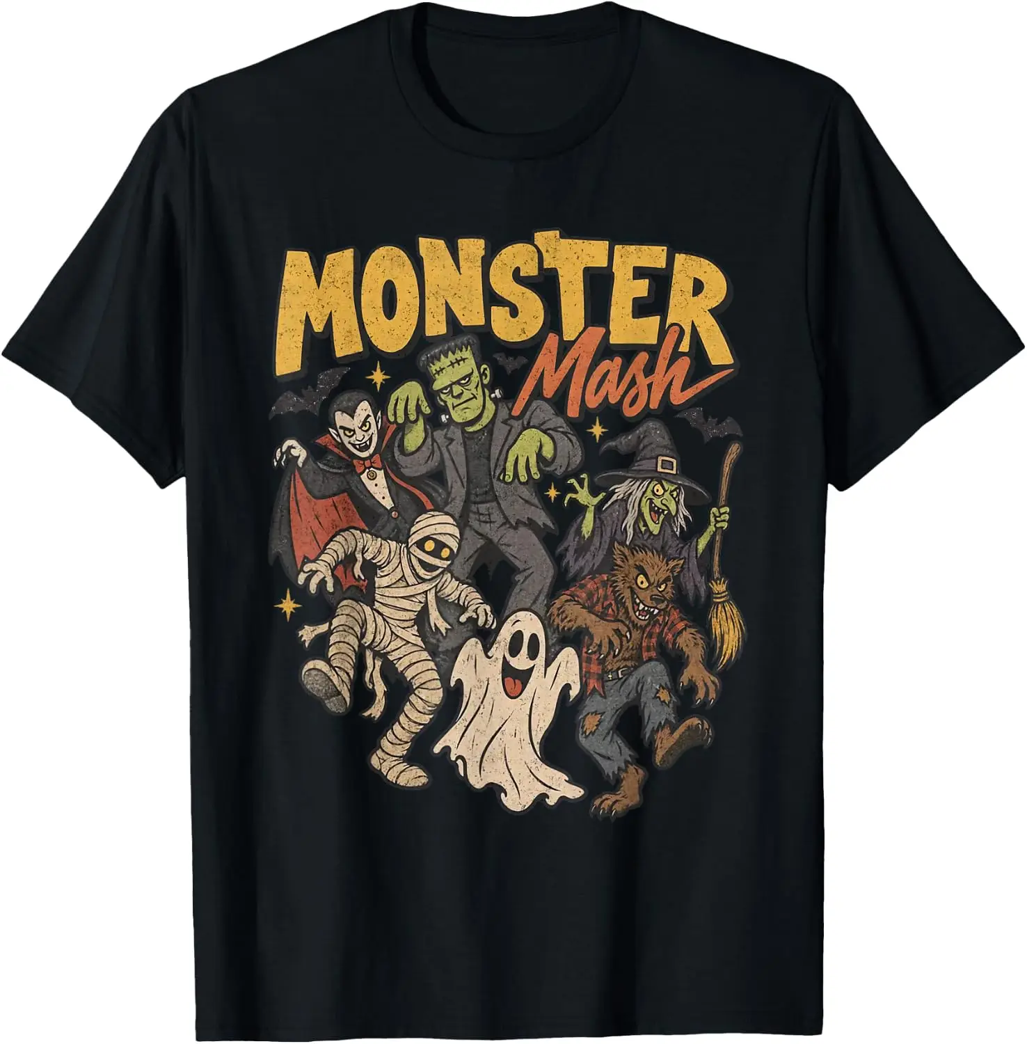 Cute Vintage 90S Monster Mash Ghost Witch Vampire Halloween T-Shirt Vintage Style Graphic T‑Shirt, Retro Tee, 100% Cotton Soft Lightweight Crew Neck Unisex Casual Short Sleeve Tops For Men Women Daily Wear