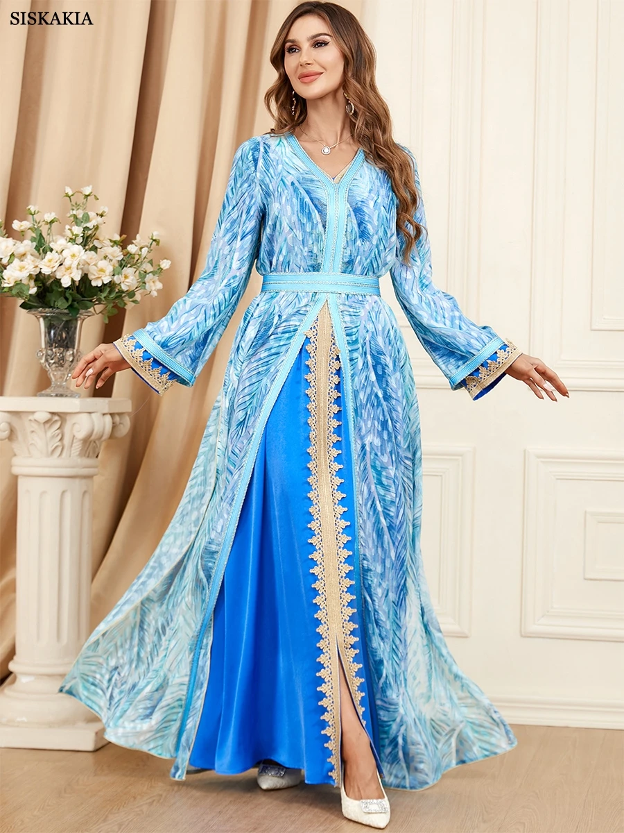 Siskakia Moroccan Dress Kaftan 2 Piece Abaya Set Evening Robe Printing Full Sleeve V-Neck Islamic Caftan Ramadan Muslim Clothing