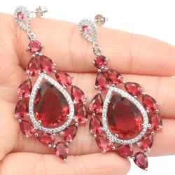 58x27mm Eye Catching 12g Long Big London Blue Topaz Pink Raspberry Rhodolite Garnet CZ Dating Silver Earrings