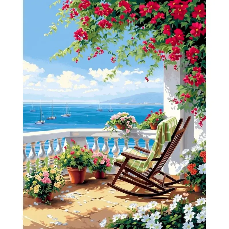 Dipinto con Numeri Paesaggio Marino dal Balcone Pittura Acrilica su Tela Quadri con Numeri Fiori Dipinti a Mano Artigianato Decorazione Casa Regalo
