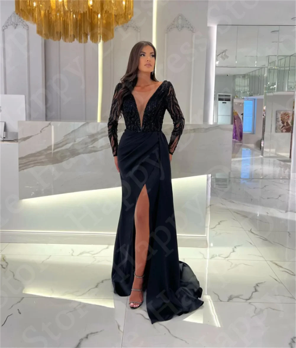 Elegante Scheide schwarze Abendkleider Illusion O-Ausschnitt lange Ärmel Perlen Party kleid Seite geteilt langes Kleid für besondere Anlässe