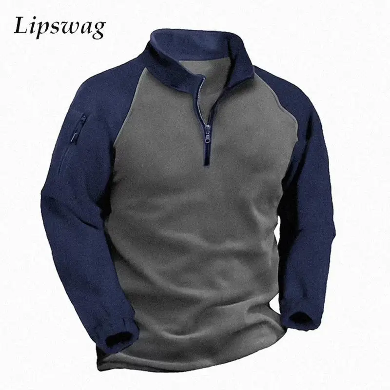 

2023 Autumn Casual Fleece Sweatshirt Men Fashion Patchwork Stand Collar Zip-up Pullover Tops Mens Clothes Vintage Loose Hoodie