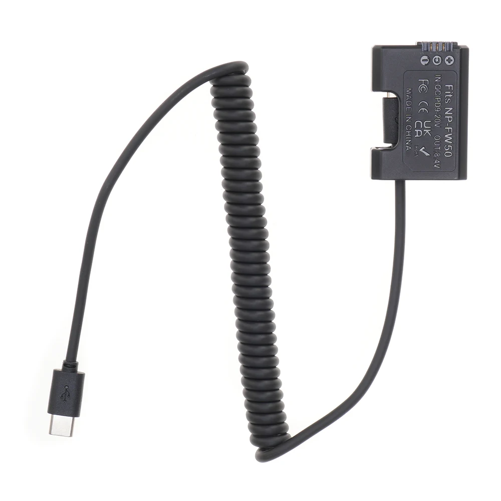 FOTGA NP-FW50 batterie factice + fil à ressort d'alimentation type-c (35-100CM) adaptateur d'alimentation pour moniteur/caméra pour accessoire de lumière de câble