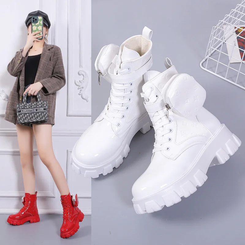 Red bag boots, women\'s new printed color, plush and thick bottom, lace up short boots women boots