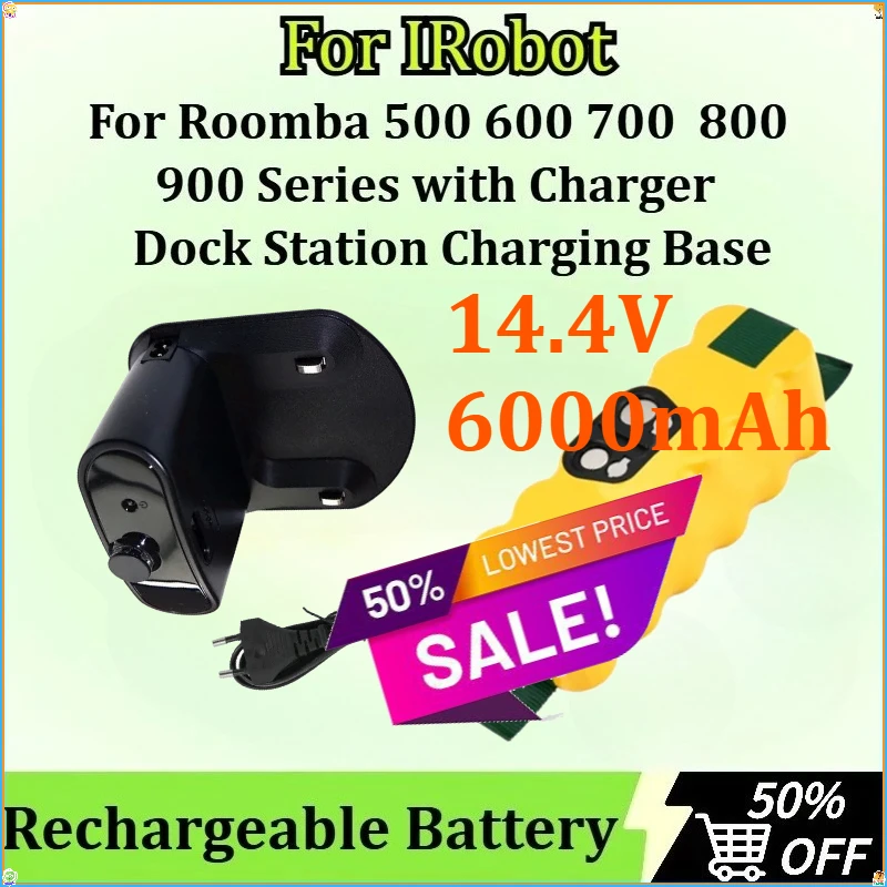 

For IRobot Roomba 500 600 700 800 900 Series Rechargeable Battery with Charger Dock Station Charging Base 14.4V 6000mAh