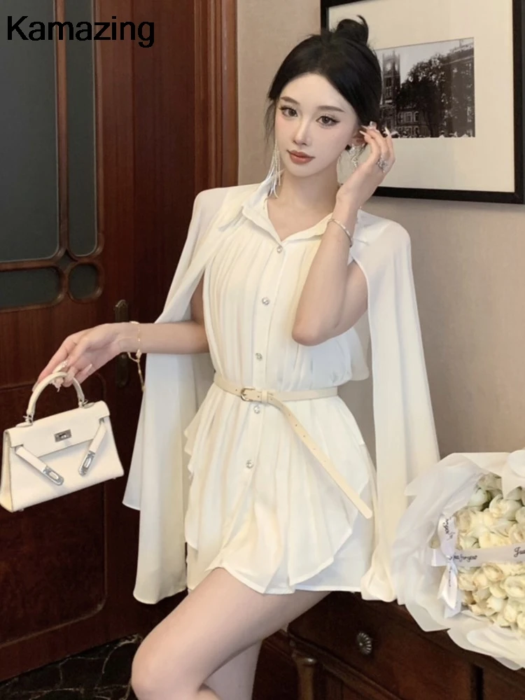 Elegant White Shirt Dress With Belt Office Lady Casual Single Breasted Chiffon Pleated Dresses Women Solid Korean Clothes Summer