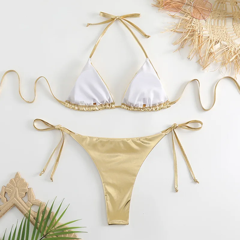 Sexy Gold Brozing Mini Bikini Women Silver Push Up Holiday Swimsuit 2026 Brazilian Beach Bathing Suit Tie Side Triangle Swimwear view 2