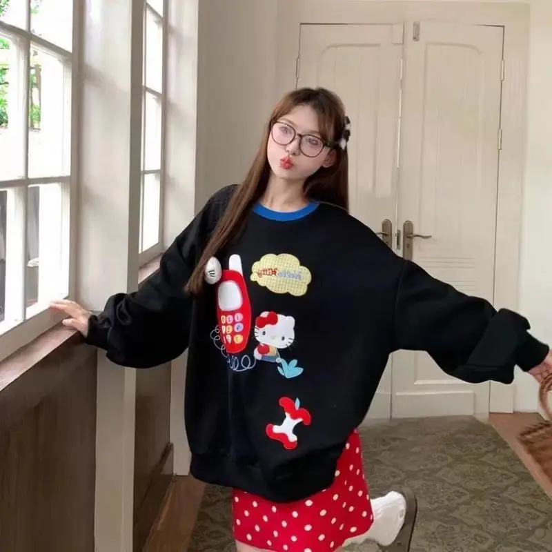 

Kawaii Hello Kitty мультяшный свитшот с длинными рукавами для девочек, плюшевый свитер, свободный свитер для ленивой пары, универсальные повседневные топы