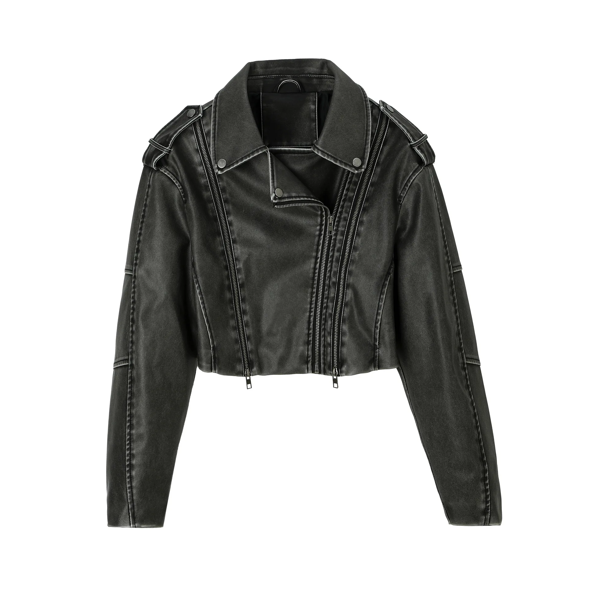 

Autumn and winter short PU fashion retro distressed washed leather jacket j motorcycle jacket source women's clothing