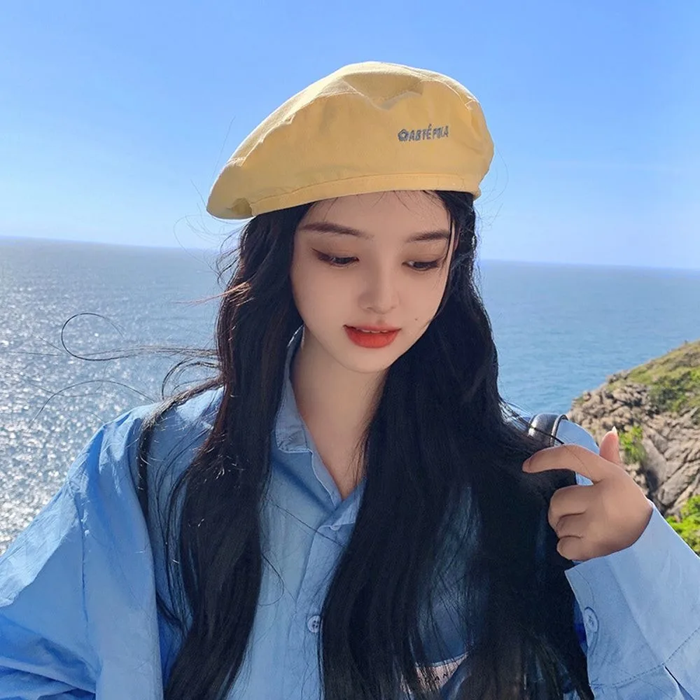 Topi Baret Wanita Jepang Warna Solid Motif Kotak-kotak Elegan Dua Sisi, Topi Pelukis Datar, Topi Segi Delapan untuk Pelajar