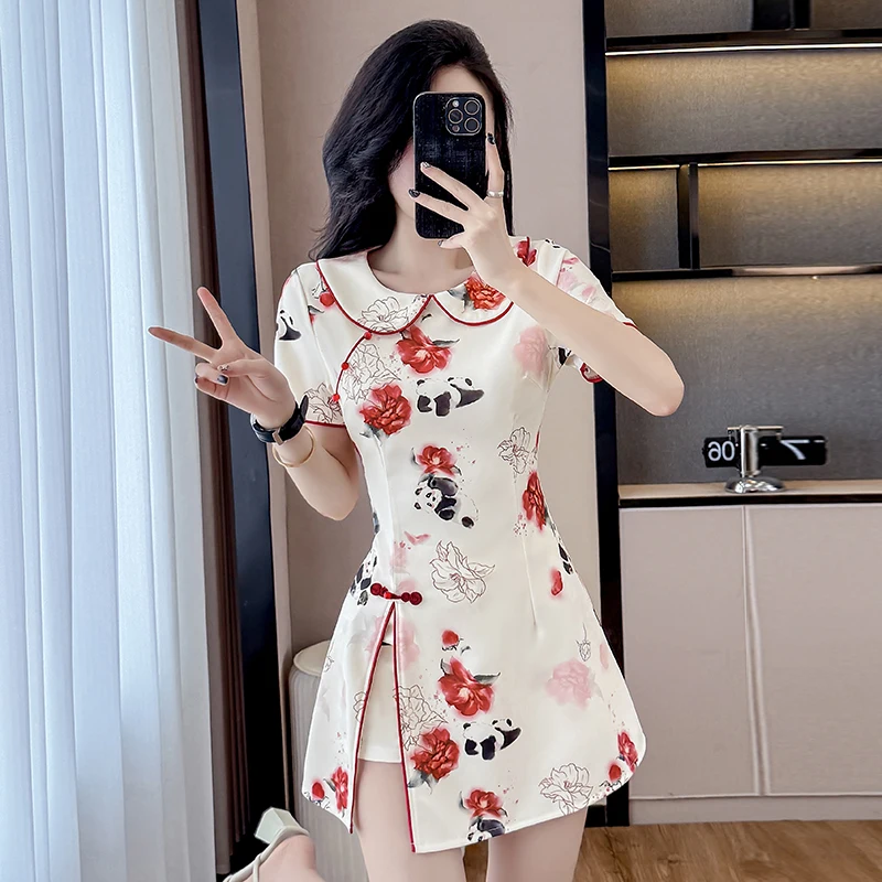 2 piece set New Chinese Style Floral Cheongsam Set - Elegant Qipao Dress & Shorts 2-Piece Outfit with Peter Pan Collar (S-2XL) view 6
