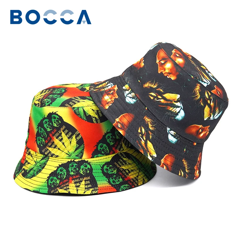 Bocca 2023 Jamaica Bucket Hat Bob Marley Print Panama Fisherman Hats For Men Women Double Side Reversible Cap Beach Travel New