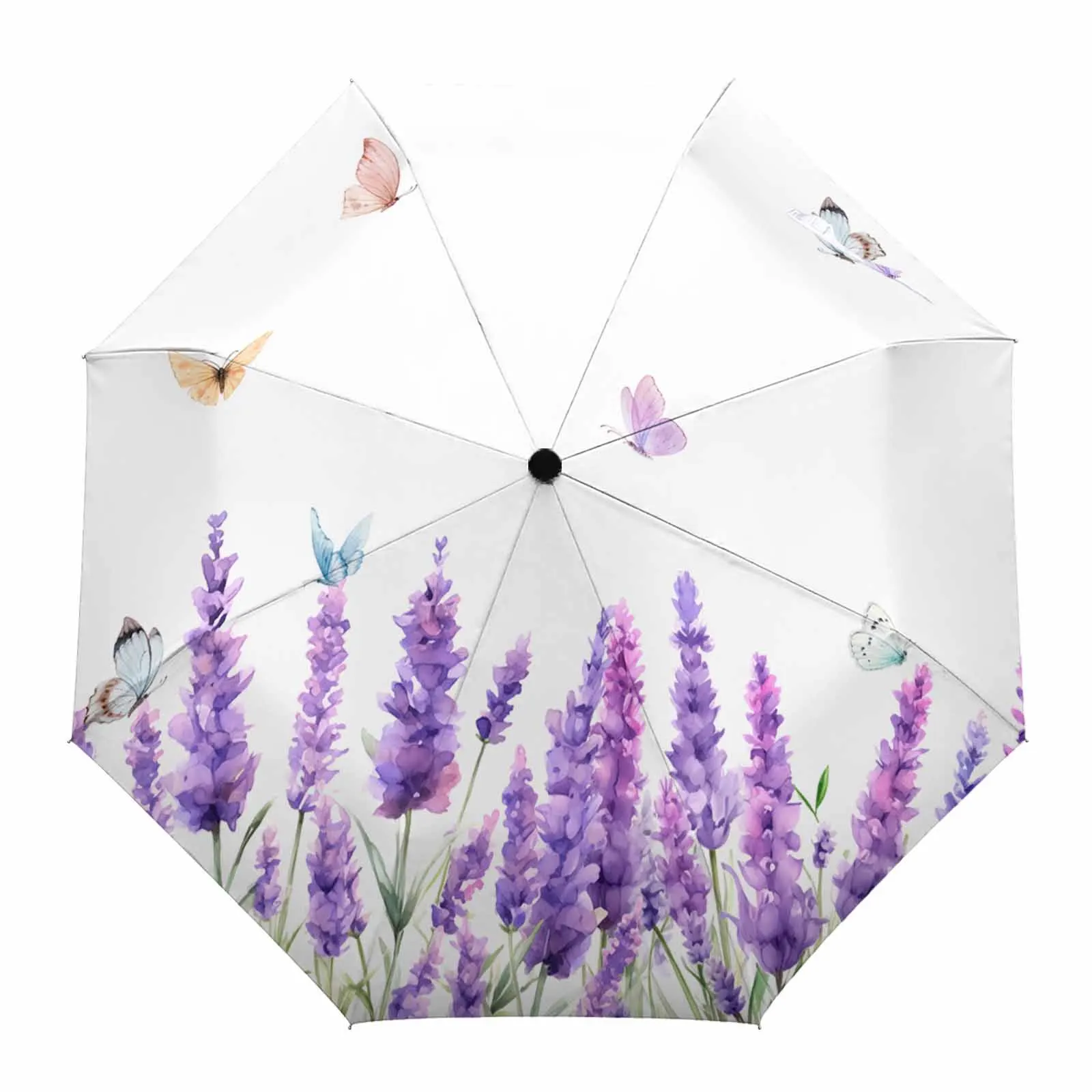 Spring Watercolor Lavender Butterfly Automatic Umbrella Travel Folding Umbrella Portable Parasol Windproof Umbrellas