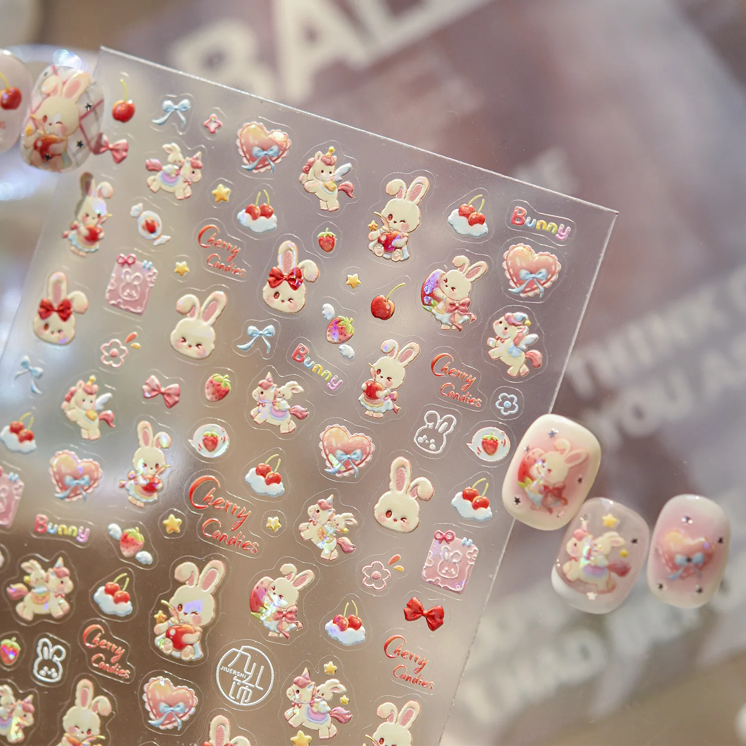 Frühlings-Lolita Niedliche Hasen 5D Geprägte Nagelaufkleber Kirsche Erdbeere Herz Schleife Süßigkeiten Liebliche Selbstklebende Nagelkunst-Sticker DIY