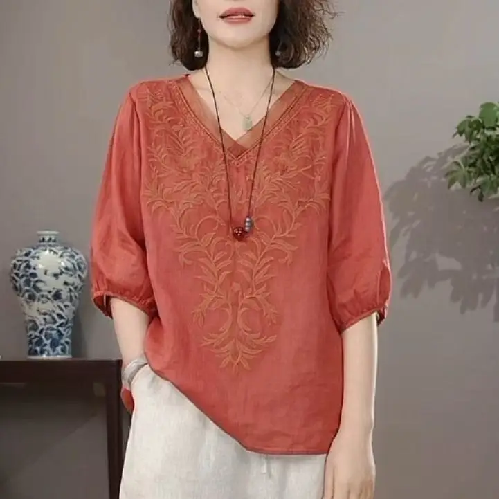 夏新着刺繍入りレディースルーズ五分袖シャツ多用途軽量スタイル