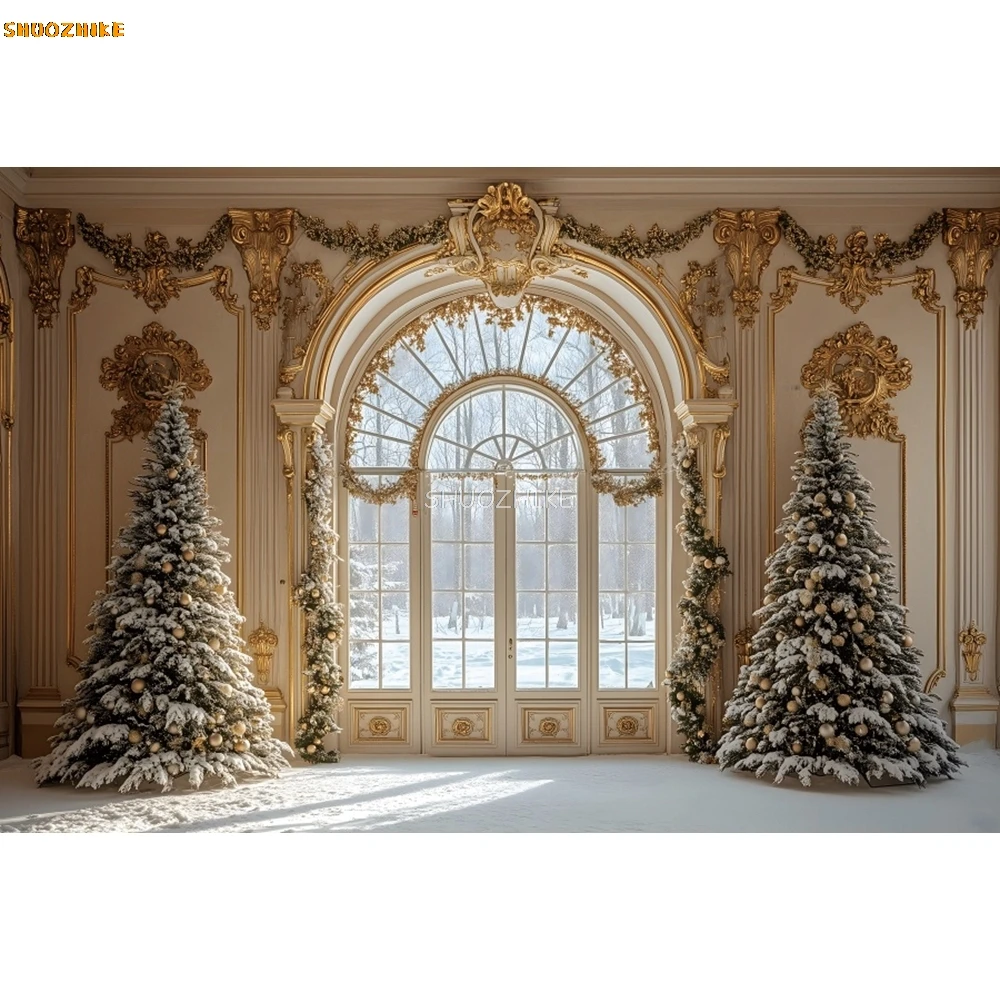 White Christmas Fireplace Background Photography Winter Wood Window Xmas Tree Gift Portrait Backdrop Party Decor Photo Studio