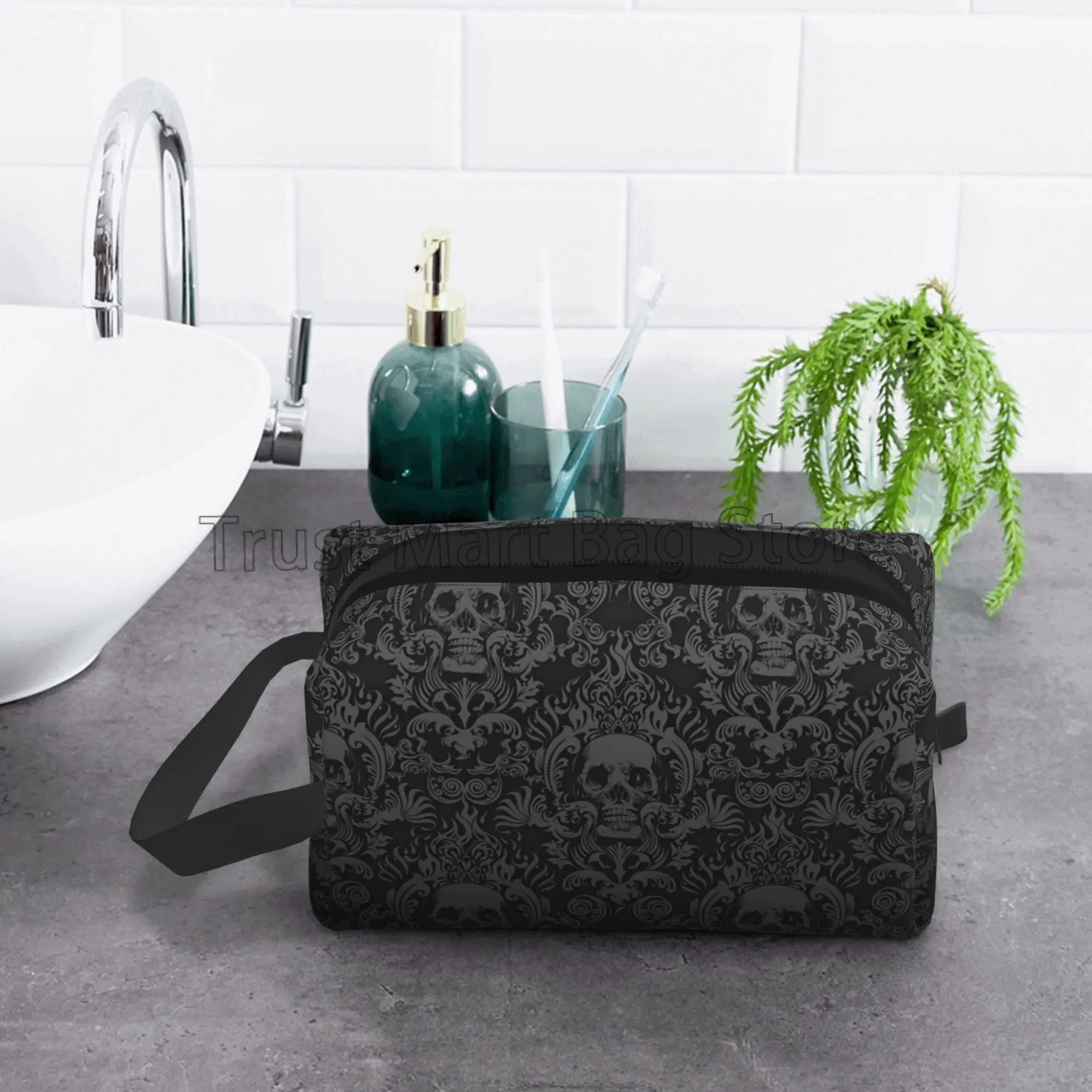 Gothic Black Skull Damask Storage Bag Portable Large Capacity Makeup Bags for Women Men Travel Cosmetic Bag Toiletry Pouch