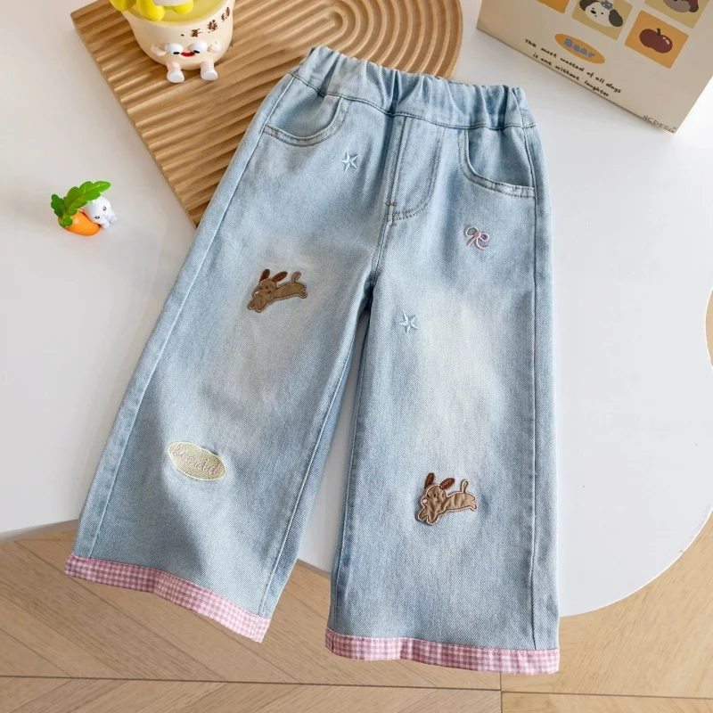 

Girls Spring and Autumn Jeans 2026 New Trousers Children's Baby Cute Printed Embroidery Casual Versatile Straight Wide-leg Pants
