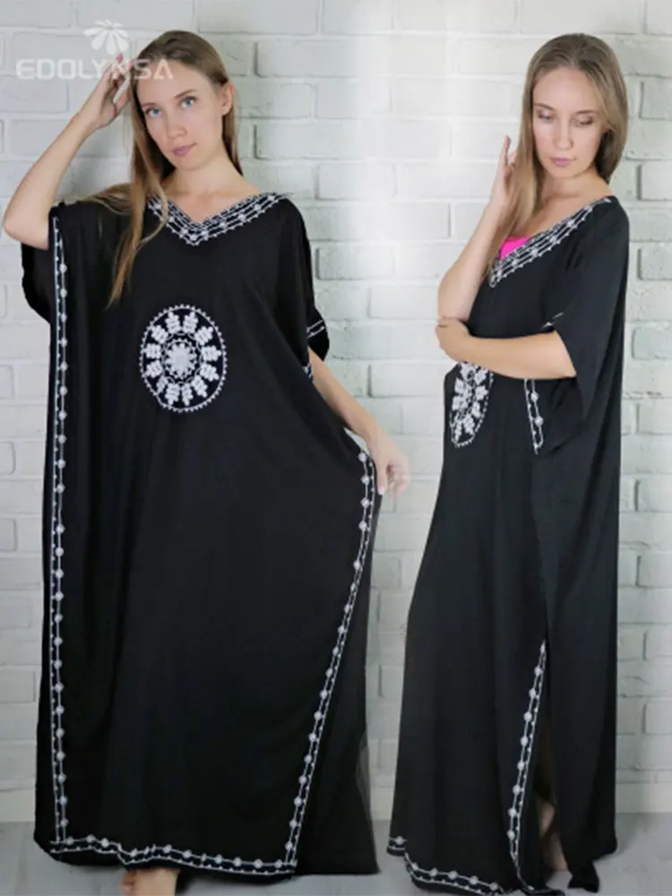 2023 Black Oversize V Neck Moroccan Kaftan Beach Dress Plus Size Women Summer Half Sleeve Side Split Midi Dresses Tunica Q643