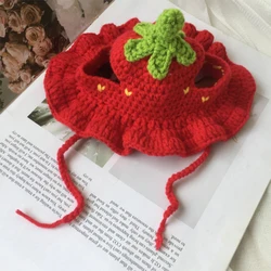 Pet Knitted Hat Cat Wool Hand-knitted Cartoon Strawberry Red Hat With Ear Holes Cute Kitten Dog Headgear Pet Cosplay Accessories