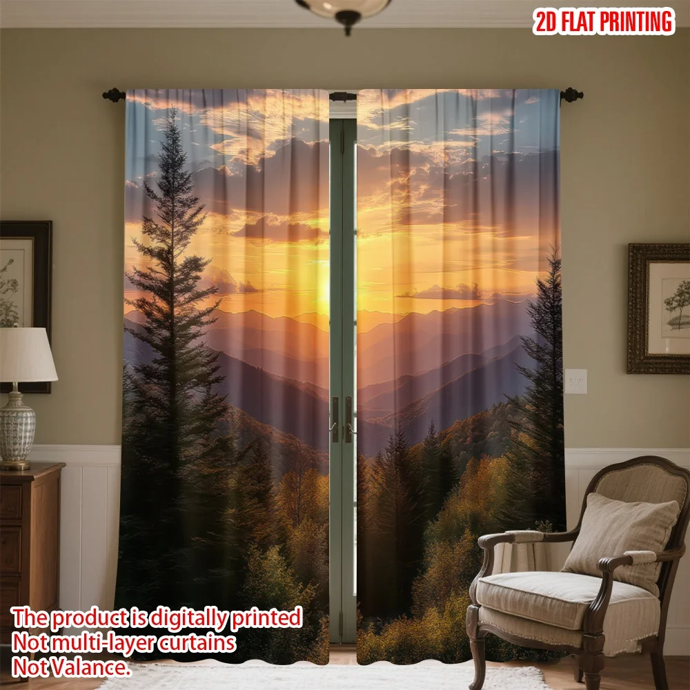 

2D flat printing 2pcs Window Curtains Sunset Over Mountains Digital Printed Polyester Drapes Party Decorations for Oversized