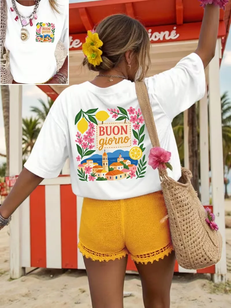 Buon Giorno Lemon Vacation Print T Shirt Casual Loose Streetwear Daily Wear Short Sleeve Summer 2026 New Arrival Top For Women