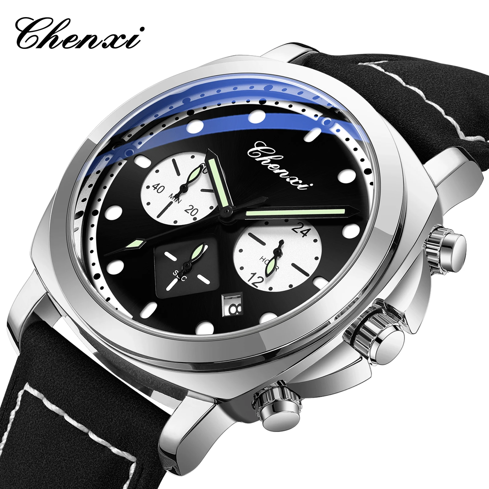 

Мужские кварцевые наручные часы CHENXI 9542, многофункциональные, с хронографом, календарем, светящимися стрелками, кожаным ремешком, повседневные, спортивные.