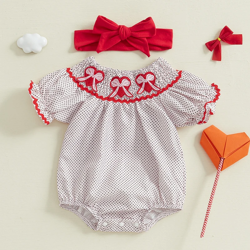 FOCUSNORM 0-18M Newborn Baby Girls Valentines Day Romper Short Sleeve Heart Bow Embroidery Crew Neck Dots Print Jumpsuits