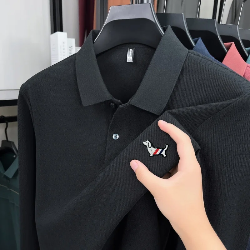 

100% хлопок роскошь бренд длинными рукавами polo рубашка мода мультфильм вышивка щенок корейский стиль высококачественный отдых комфорт мужская футболка