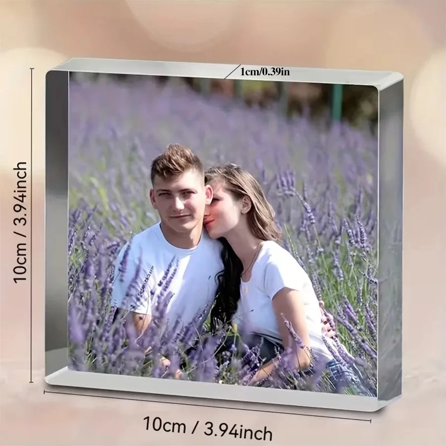 Custom Photo Square Acrylic Block，Personalized Clear Picture Plaque Photo Desktop Ornament Wedding Anniversary Couple Keepsake