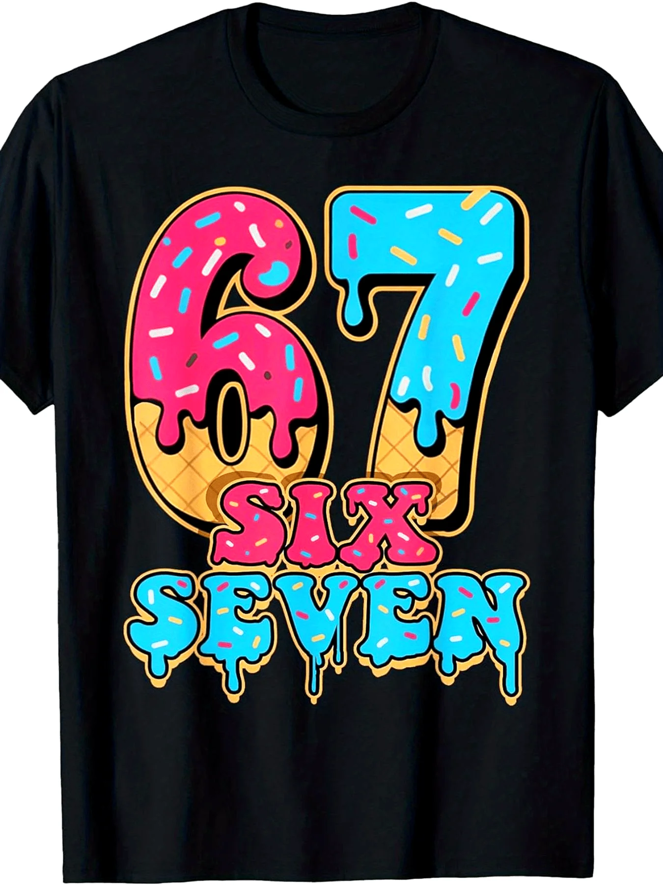 Men'S Black Ice Cream Graphic T-Shirt with Number 67 & Melting Sprinkles - Fun Casual Summer Tee,Loose Fit Short Sleeve Shirt