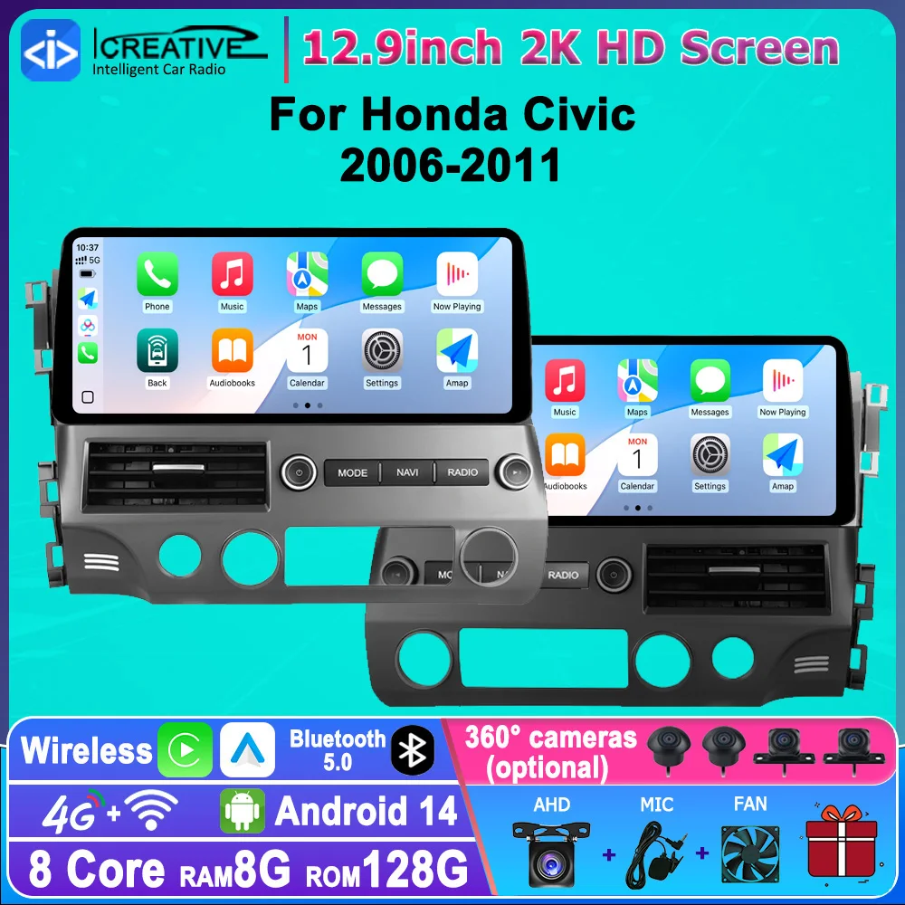 

12,3 "Android 14 Carplay авто радио автомобильный мультимедийный плеер для Honda Civic 8 2005-2012 2Din DSP стерео Navi 8-ядерный HU 4G Wi-Fi BT