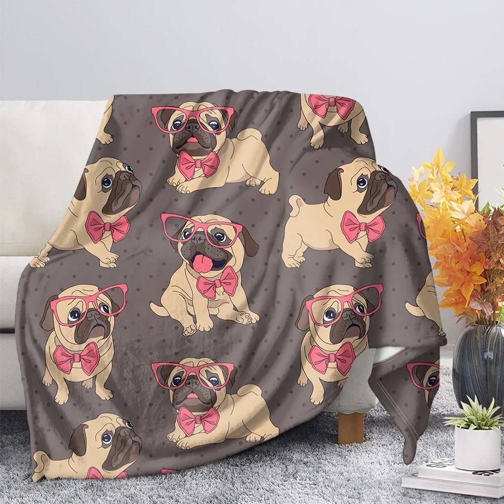 Funny Pug Dog Blanket Fleece Plush Throw Blankets Portable Bedspread Nap Shawl Bed Sofa Cartoon Animal Blanket Flannel Warm Soft