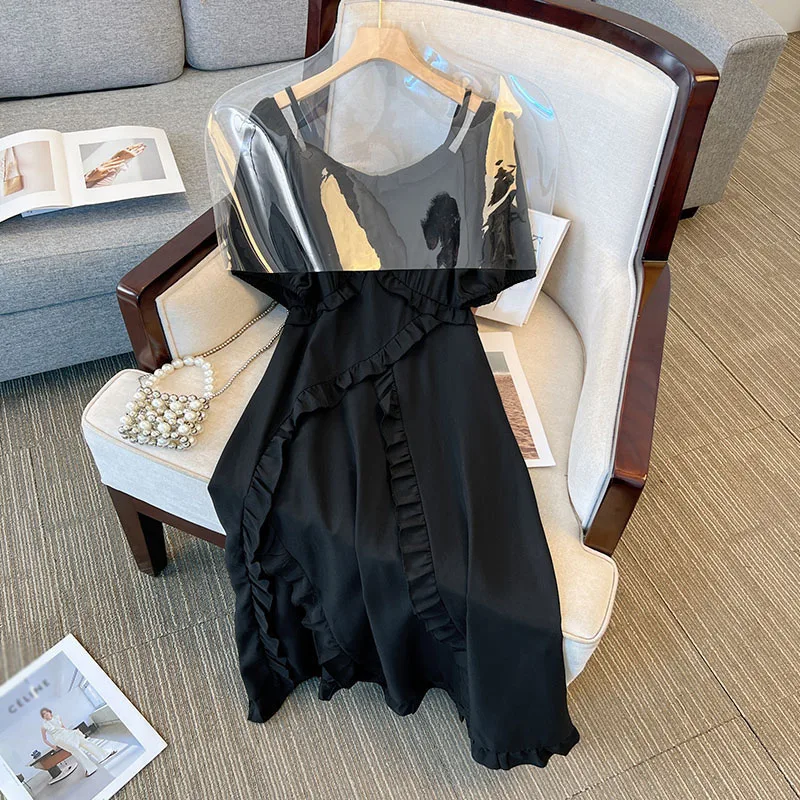 150Kg Plus Size Women Bust 148cm Summer Loose Black Dress 5XL 6XL 7XL 8XL 9XL