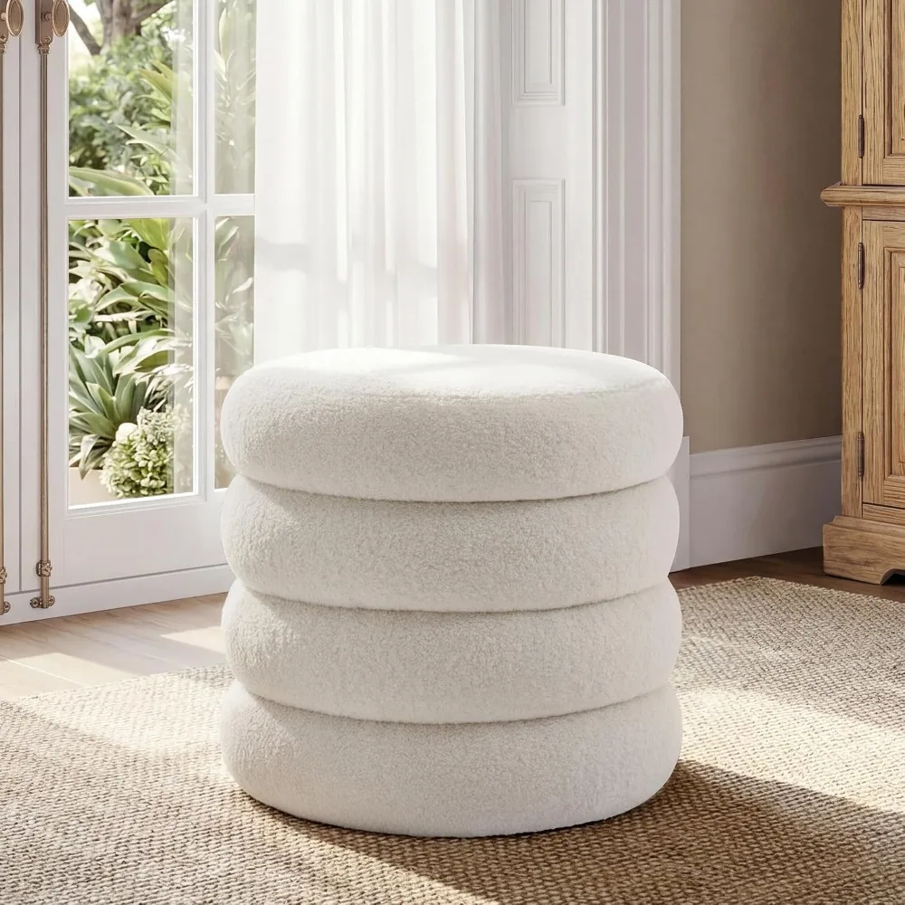19.5 Inch Round Storage Ottoman, Modern Sherpa Ottoman Coffee Table with Removable Top, White Vanity Stool with Storage for Bedr