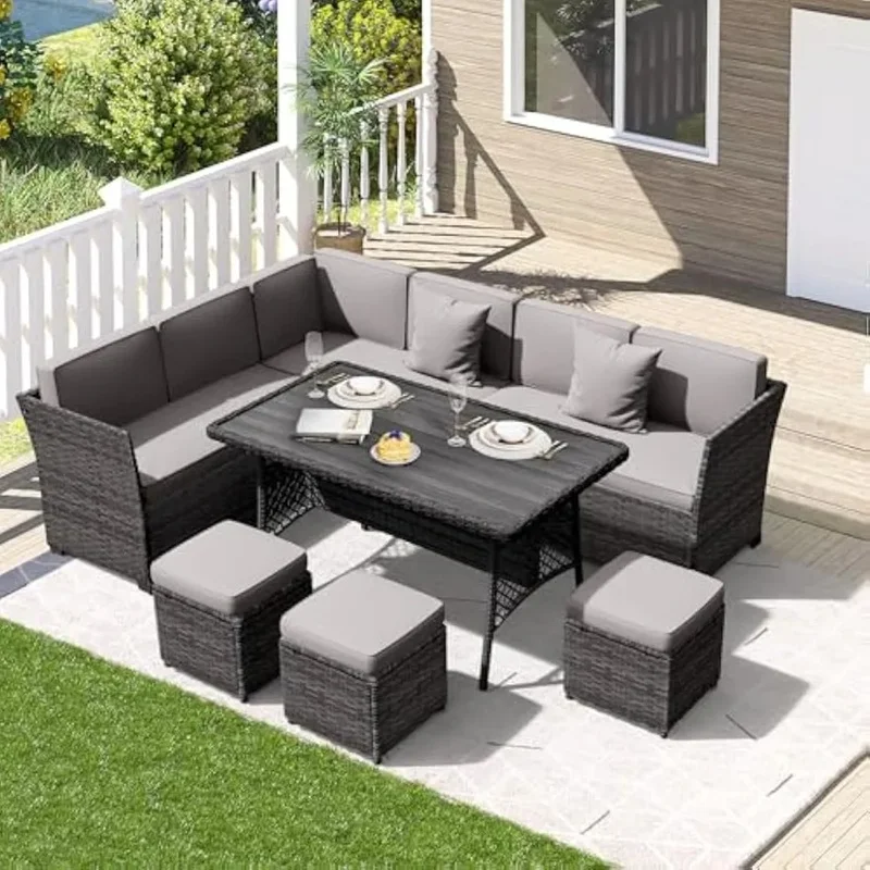 

7-Piece Outdoor Dining Set, Wicker Patio Furniture, All-Weather Sectional Sofa with Ottoman and Dining Table