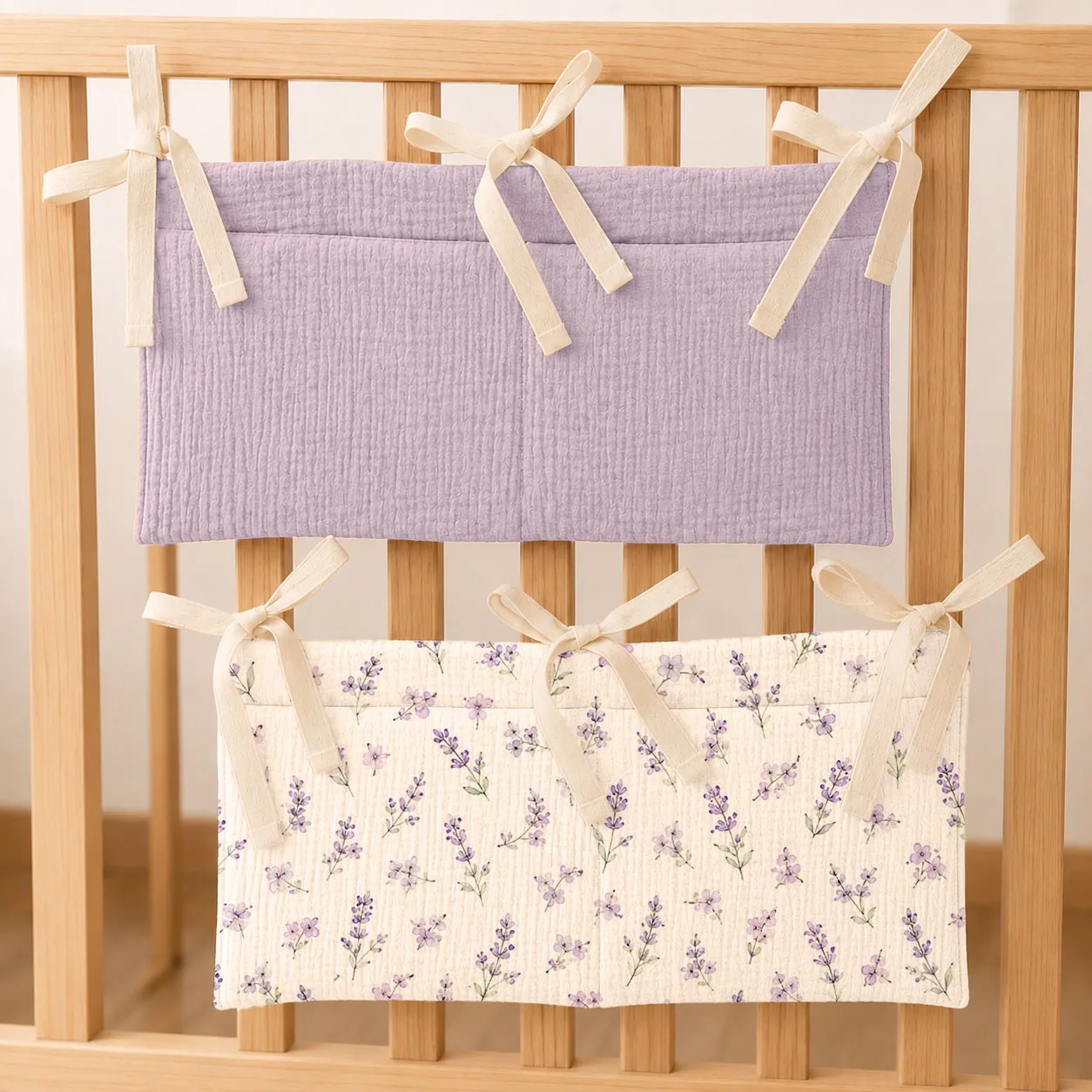 2 Stück verstellbare, schleifenförmige Aufbewahrungstaschen für Babybetten mit weicher Textur und tiefen Taschen zur Aufbewahrung von Brustwarzen, Spielzeug, Feuchttüchern und Babyzubehör