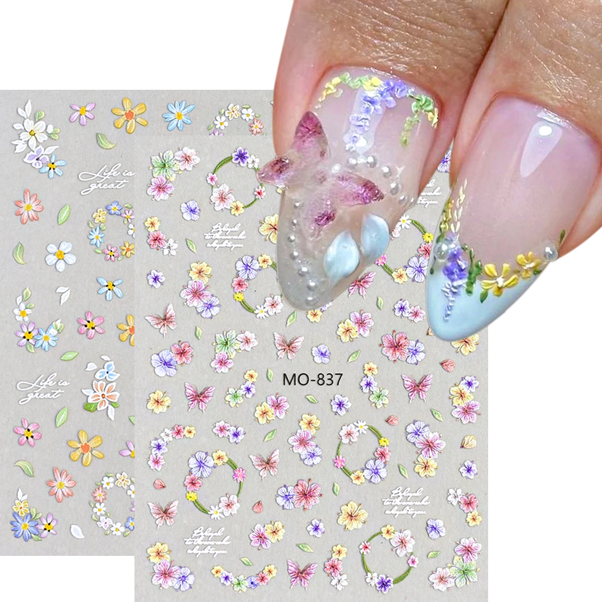 Summer Wildflower Embossed Nail Stickers, Summer Floral Embossed Nail Decals, 3D Decorative Accessories