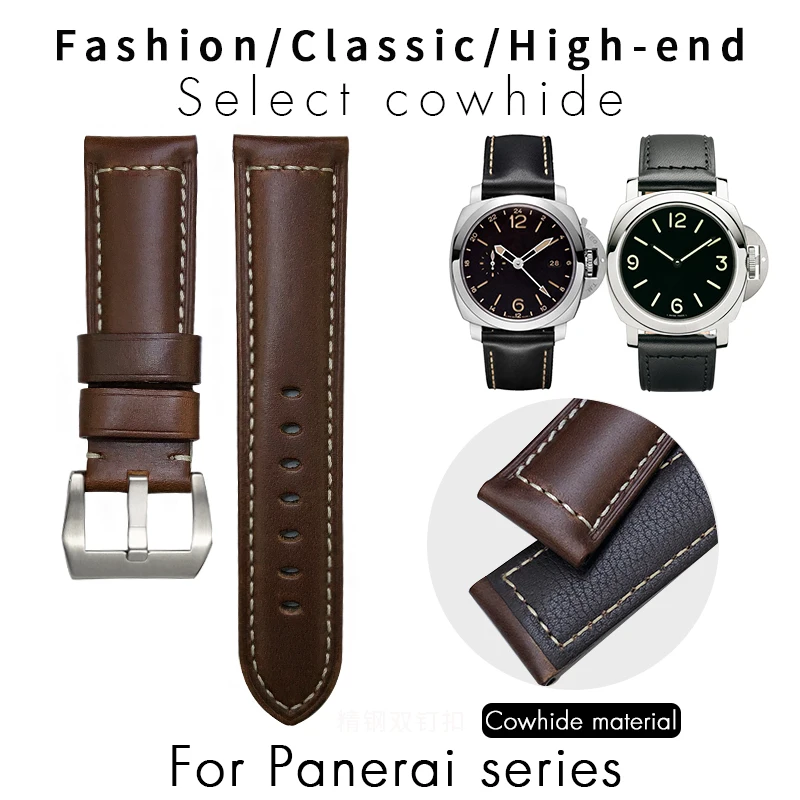 Genuine Leather Watchband 24mm 25mm 26mm For Panerai SEIKO TISSOT  Black Blue Brown Cowhide Bracelet Vintage Watch Strap