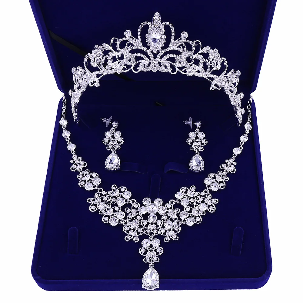 Fashion Zircon Bridal Jewelry Sets Wedding Crown Necklace With Earrings Pin Pearl Crystal Tiara And Crowns Hair Ornaments Women