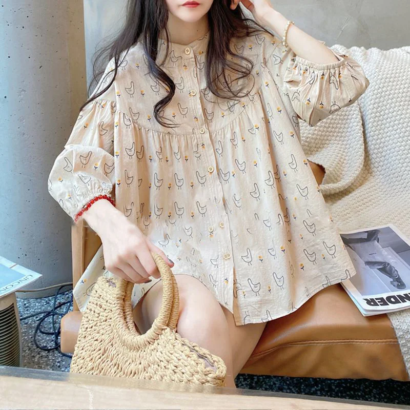 Fashion Loose Printed Button Folds Shirring Lantern Sleeve Shirt Female Clothing 2024 Summer New Casual Sweet Blouse