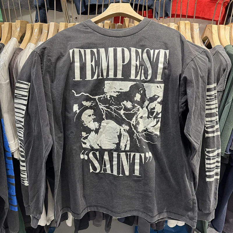 Washed Black SAINT TEMPEST Letter Vintage T Shirt High Street Casual Men Women Long Sleeve Harajuku