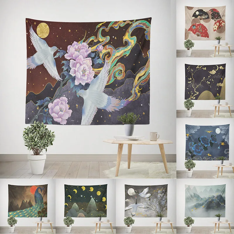 Japanese Art Painting Wall Tapestry Bird Flower  Tapestry Aesthetic Living Room Sofa Bed Dorm Wall Hanging Room Decor 150x200 Cm