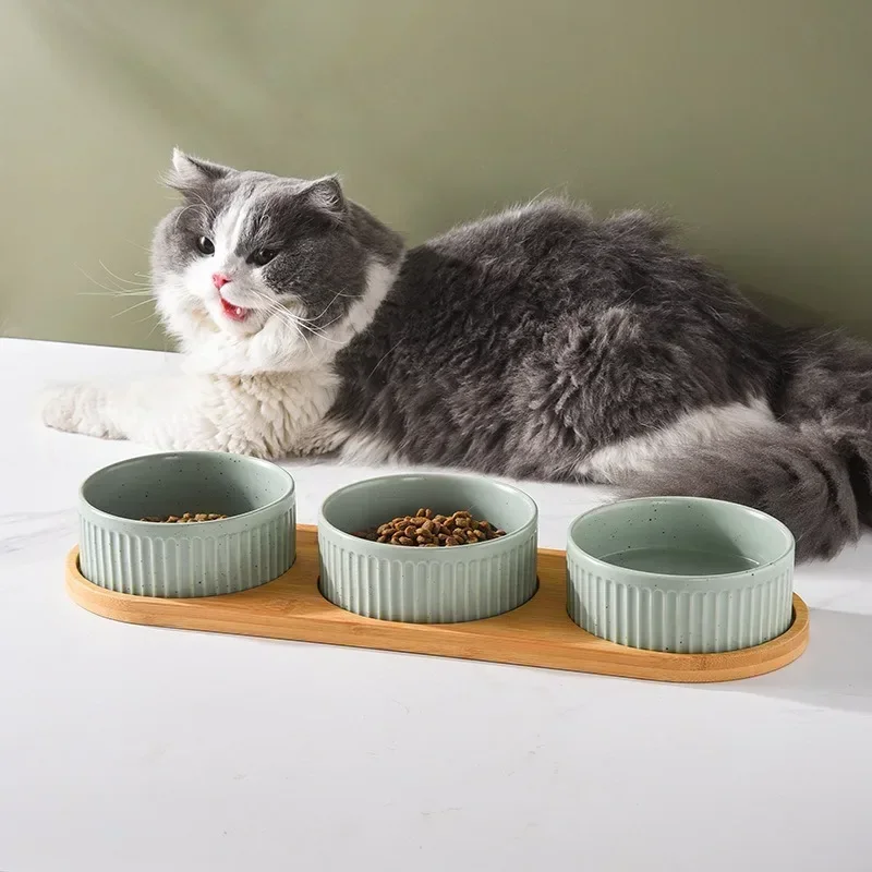 850ml Dogs Ceramic Bowl Double Triple Cat Food Water Drinking Feeders Pallets Eating with Bowls Pet Feeding Nordic Wooden