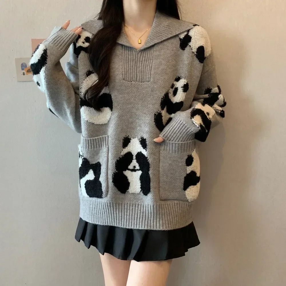 Gray Polo Collar Sweater for Women Autumn 2024 New Style Lazy Style Panda Jacquard High-end and Super Good-looking Sweater