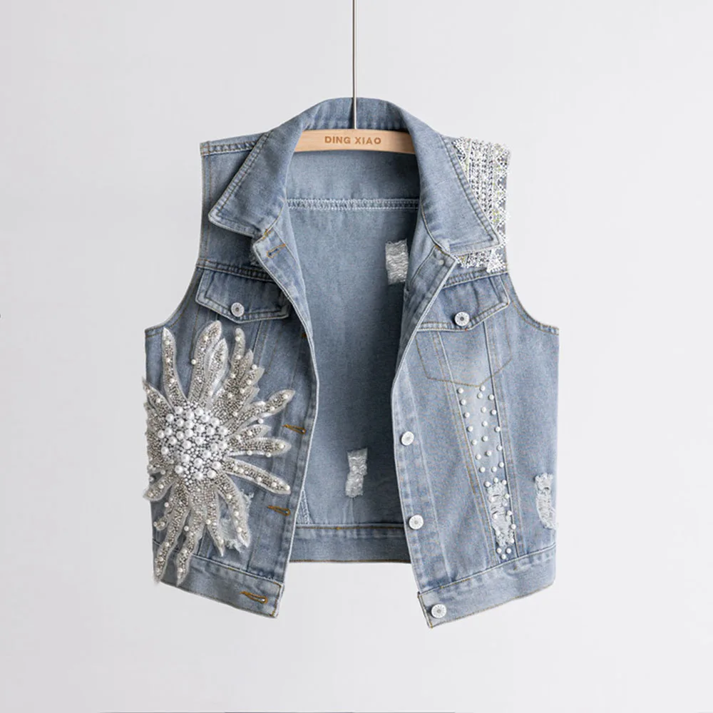 

Lace Rhinestone Design Denim Coat Floral Pattern Vest Lapel Collar Loose Fit Top Light Blue Denim Cropped Vest Womens Clothing