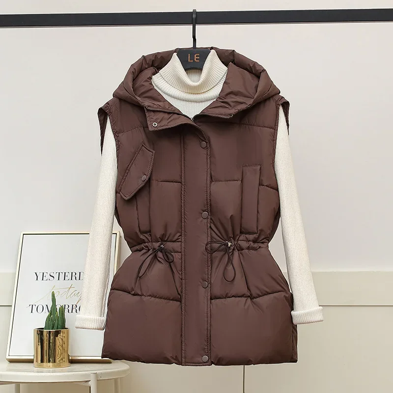 Internet celebrity casual outerwear cotton vest 2024autumn and winter new fashion women hooded waist slimming cotton vest jacket