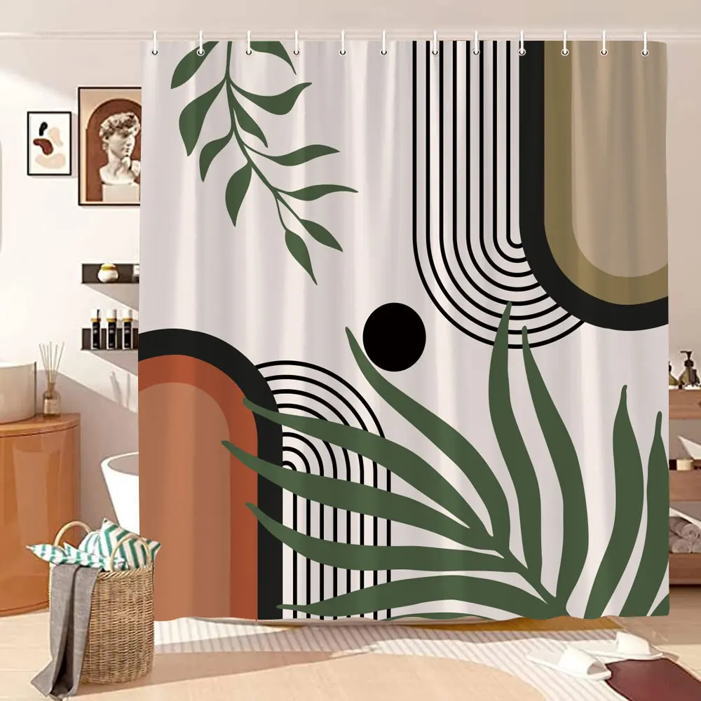 Vintage Mid Century Pattern Shower Curtain Abstract Lines Sun Leaves Bohemian Polyester Shower Curtain Bathroom Decor with Hooks