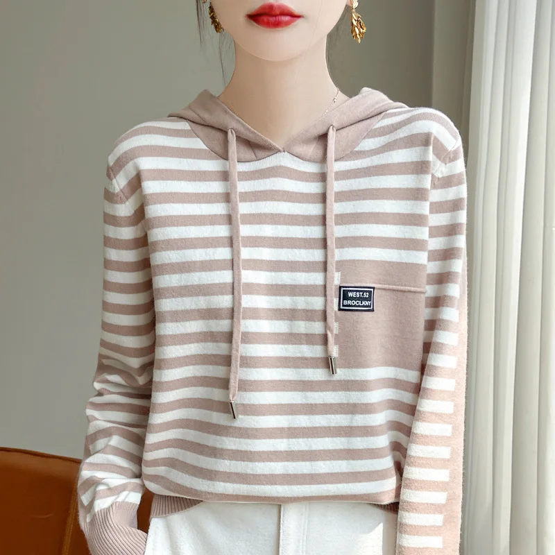 سترة بقلنسوة امرأة الخريف الشتاء طويلة الأكمام الدافئة شريط قاع قميص الصلبة البلوفرات غير رسمية متماسكة الكورية موضة البلوز #5